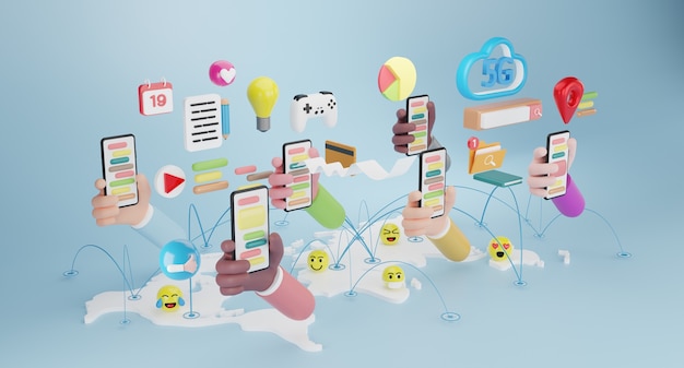 People hands holding smartphone with gadget icons. Social media concept. 3d rendering