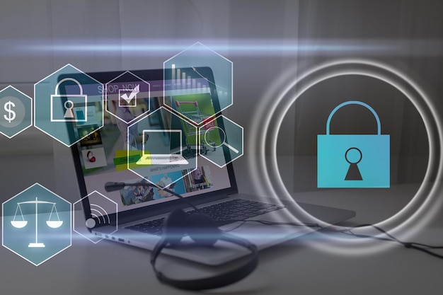 person using a laptop computer with technology cybersecurity and privacy concept. protection and safe data for global network security.