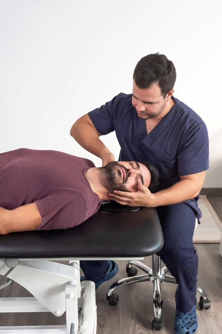 Fotoğraf physiotherapist performing a neck massage on a patient
