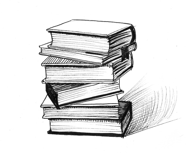 Pile of books. Ink black and white drawing