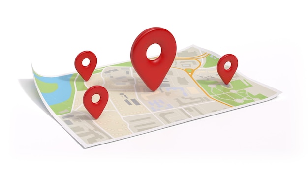 Pin location icons on the paper map 3d render
