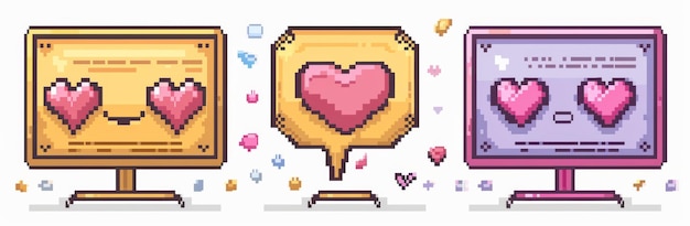 Pixel Art Dialogue Boxes Trio Retro Yellow Heart Pink Pixelated Purple on White Background