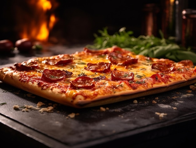 pizza with sausage by cut to pieces on a metal table selective focus on the filling Generative AI
