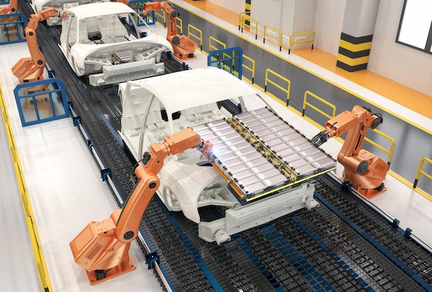 Platform üzerinde elektrikli araba batarya hücreleri modülüne sahip robot montaj hattı
