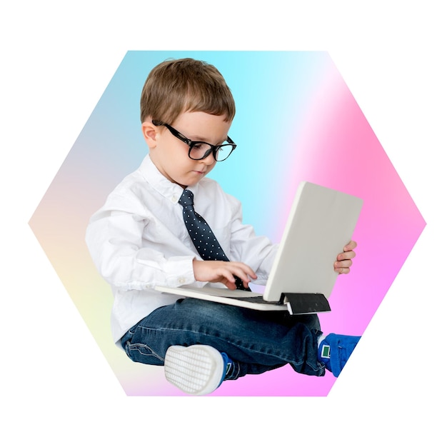 Png boy using a laptop hexagon badge in transparent background