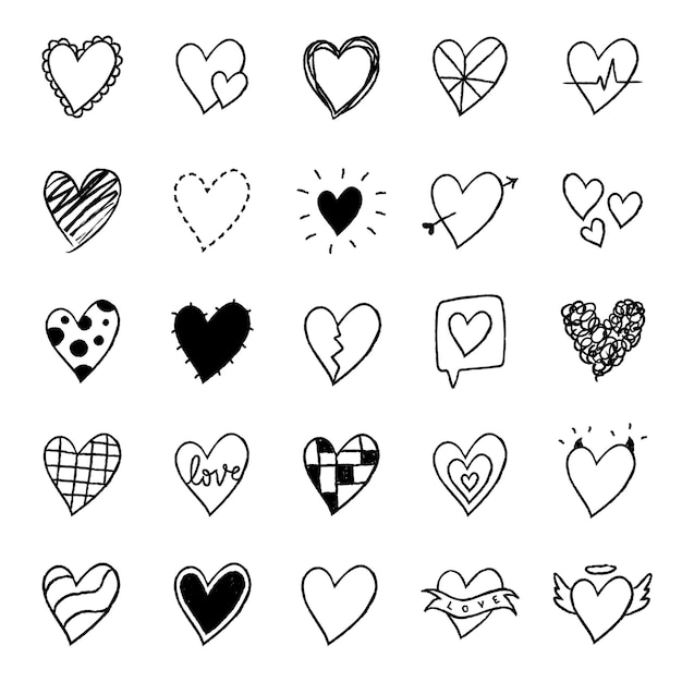 Png heart icons set simple doodle in handdrawn style