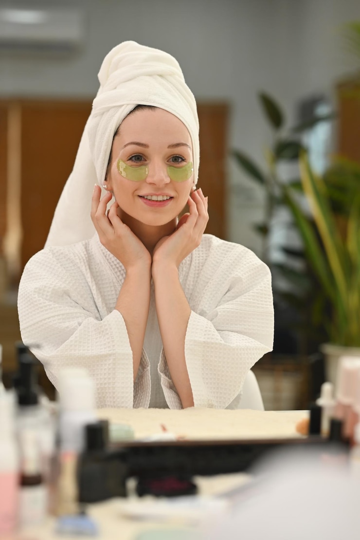Fotoğraf portrait of attractive caucasian woman applying anti fatigue under eyes reflecting in mirror of dresser table