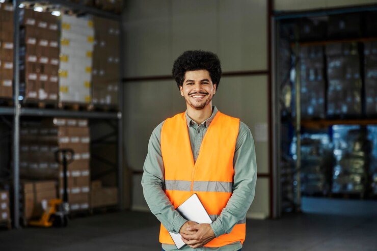 Fotoğraf portrait of happy warehouse supervisor in vest with tablet in hands smiling at camera