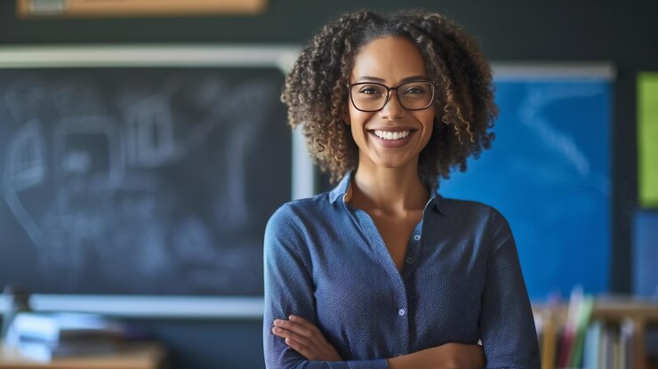 Portrait of smiling teacher standing in front of blackboard in classroom Back to school concept