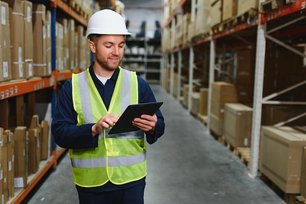 Portrait of warehouseman with clipboard checking delivery stock in warehouse Warehouse worker preparing products for shipment