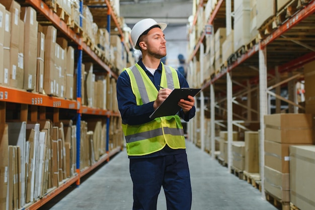 Portrait of warehouseman with clipboard checking delivery stock in warehouse