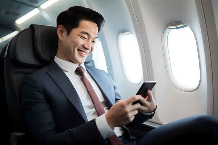 Portrait young asian businessman with suit sitting in business first class seat inside airplane near the window and smiling looking at his smartphone