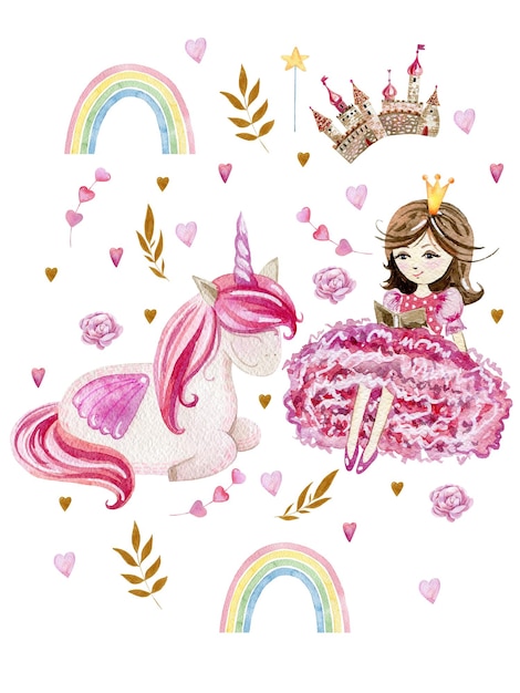 poster with cute unicorn and princess watercolor greeting card
