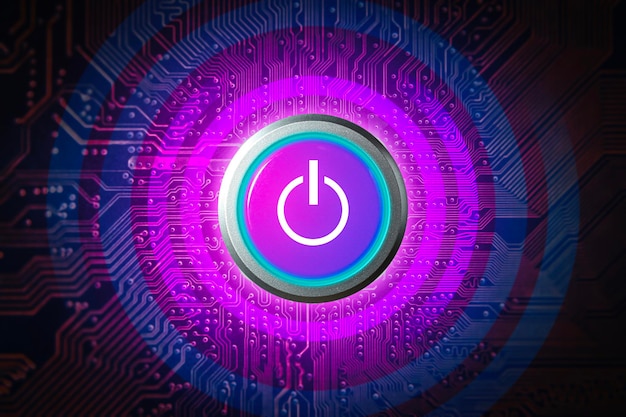 power button glowing light isolated and electronic circuit pattern background ai artificial intelligence concept 3d illustration