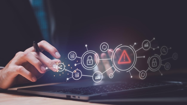 Programmer and virtual icons exclamation mark alarmcomputer virus detected danger warning concept or