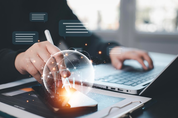 programmer people working laptops and touch bar chat bot with ai artificial intelligence system artificial intelligence and artificial intelligence chatbot digital chatbot robot application