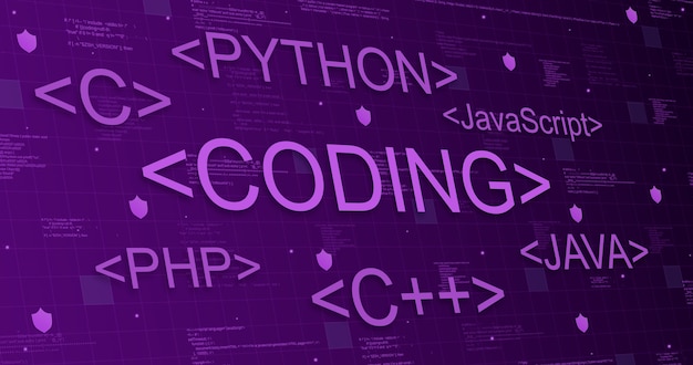 Programming languages on tech purple background with code elements and lines of light