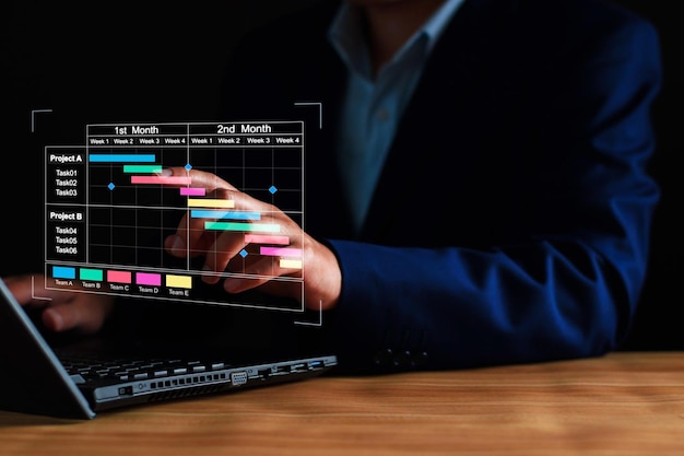 project manager working on tablet and updating tasks and milestones progress planning with gantt
