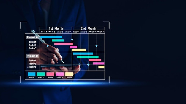 project manager working on tablet and updating tasks and milestones progress planning with gantt