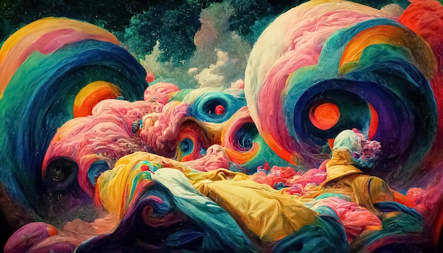 Psychedelic trippy LSD or magic mushrooms hallucinations hippie concept design 3D illustration