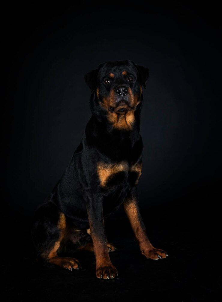 Fotoğraf purebred rottweiler in front of black background