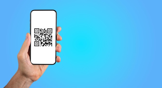 QR code scanner mobile phone screen in hand for digital transaction qrcode banner background