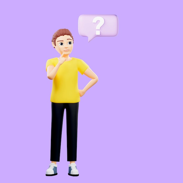raster illustration of man near a square speech bubble with a question mark a young guy in a yellow tshirt thought oil idea direct speech cloud plan problem solving 3d rendering artwork