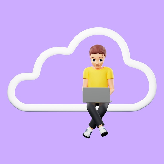 Raster illustration of man sits on a cloud and works on a laptop Young guy in a yellow tshirt synchronizes data cloud storage data server information storage 3d rendering artwork