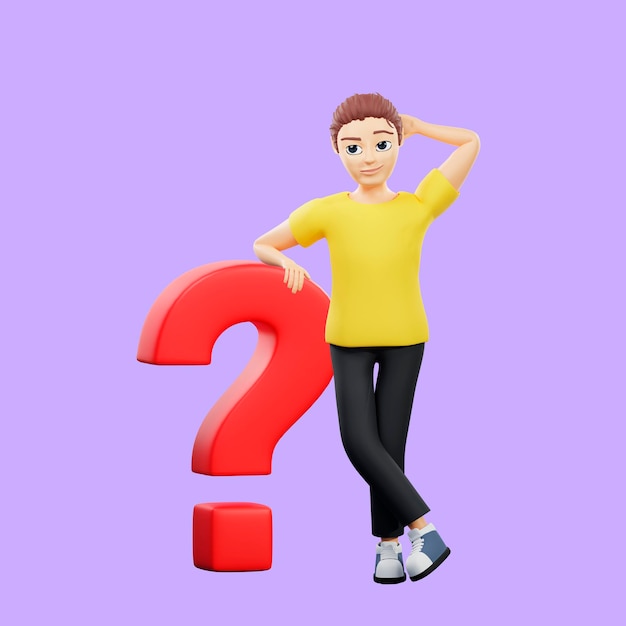 raster illustration of man thinking about the problem with a red question mark a young guy in a yellow t shirt thought and scratching in the back of the head idea problem solving 3d render