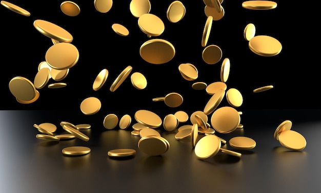 Realistic falling coins on transparent background 3d illustration
