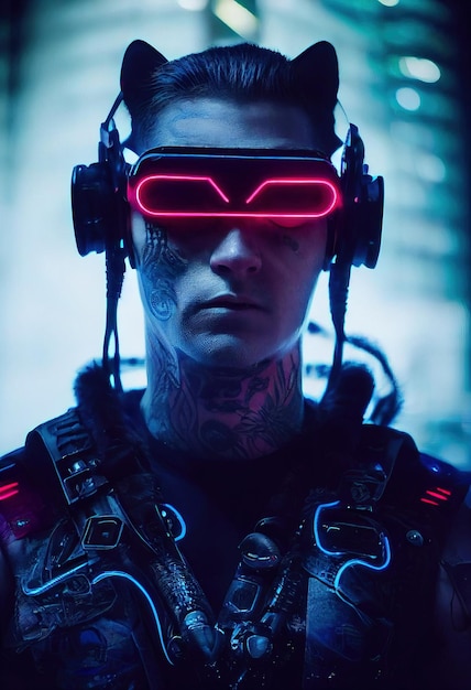 Realistic portrait of a scifi cyberpunk men in a cyber suit Hightech futuristic man from the future