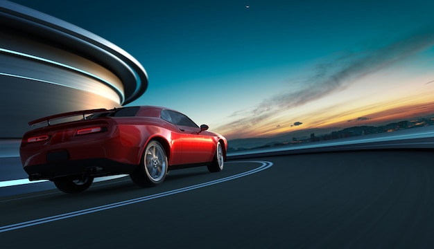 Rear angle view of a generic red brandless American muscle car in a city street road  with motion blur . Transportation concept . 3D Rendering . Mixed media .