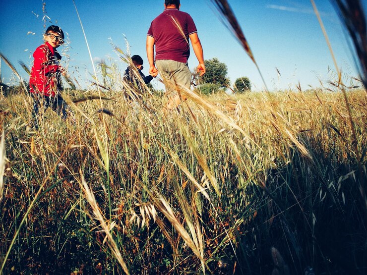 Fotoğraf rear view of man with children on grassy field