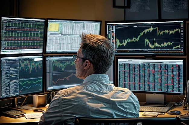 Rear view of mature businessman analyzing stock market data on computer monitors