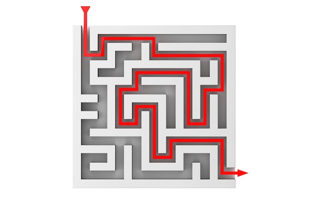 Red Arrow Moves Through the Labyrinth on a white background