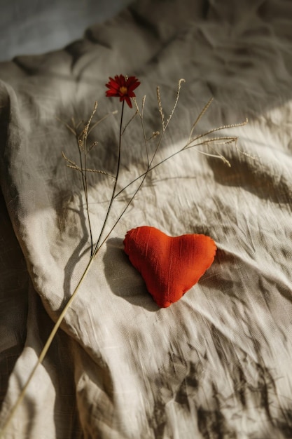 Red heart on linen sheet surrounded by scattered rose petals symbol of love and romance
