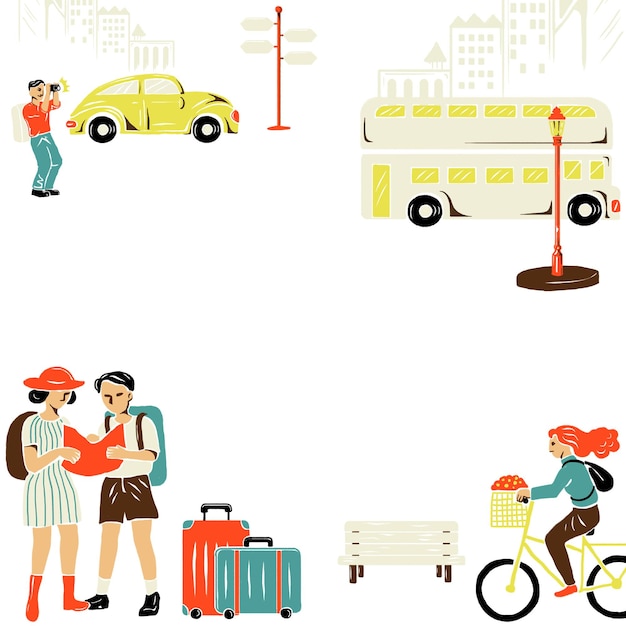 Renkli turist karikatür çizimi ile şehir turu PNG çerçevesi