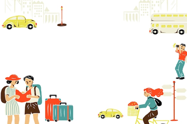 Renkli turist karikatür çizimi ile şehir turu PNG çerçevesi
