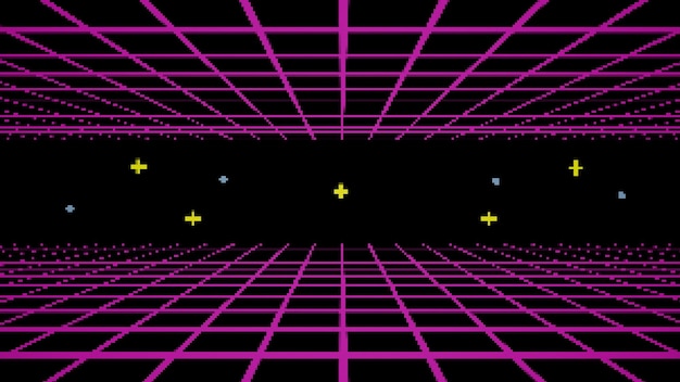 Retro tarzı arka plan. 80'lerin fütüristik Grid manzarası
