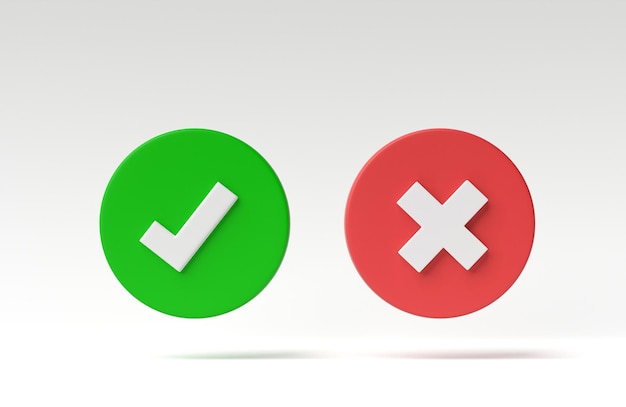 Right and wrong button Check mark and X mark icon isolated on white background 3D rendering 3D illustration