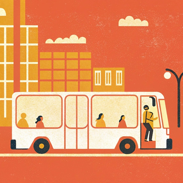 Risograph illustration of a BUS with a man standing in the door and the others sitting inside