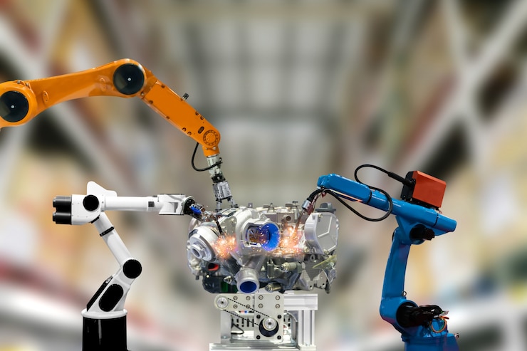 Fotoğraf robot endüstriyel motor mekanik kol teknolojisi insanlar için çalışıyor