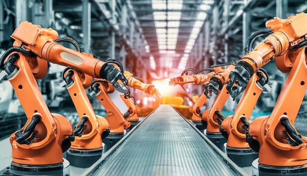 Robot Factory An assembly line in a hightech robot factory with robots being built