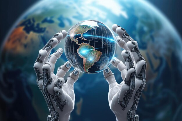 robot hand holds planet globe generative ai