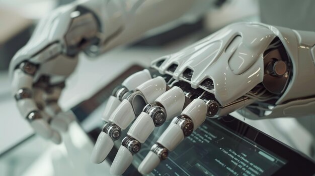 robot hand touching tablet screen on table