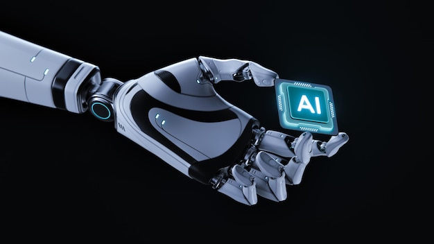 robot holding a processor with ai artificial intelligence technology and network concept