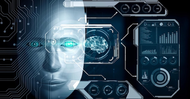 Robot hominoid face close up with graphic concept of big data analytic