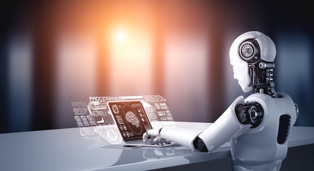 robot humanoid use laptop and sit at table for big data analytic