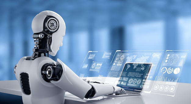 robot humanoid use laptop and sit at table for big data analytic