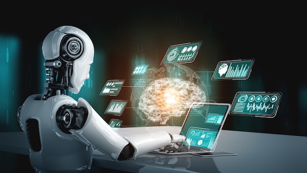 robot humanoid use laptop and sit at table for big data analytic